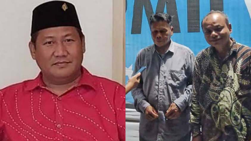 Sekretaris IKA PMII Sumut Hamdani Nasution kedua kanan didampingi unsur pengurus Parulian Siregar dan A Jabbar saat memberikan keterangan kepada pers seusai silaturahmi pengurus IKA PMII Sumut di Rumah Besar PMII Sumut Jalan PWI Sampali Percut Sei Tuan Deli Serdang Sabtu 672024 malam Foto insert Aswan Jaya