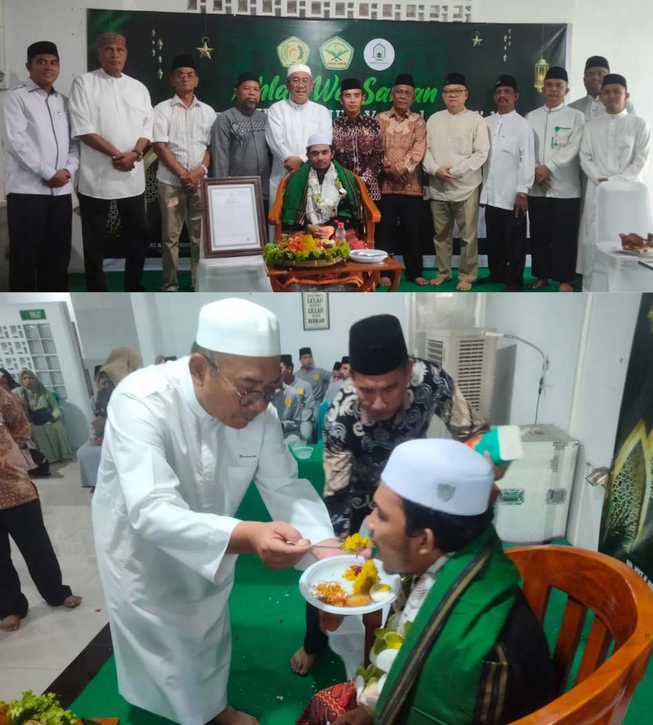 Ustadz Arifin Daulay SPd Alhafidz diabadikan bersama Pembina PTQ Shah Amin Dr KRT H Hardi Mulyono K Surbakti Rektor UMN Al Washliyah Pewakif Plt Direktur PTQ Shah Amin dan ustadz staf pengajar Pondok Tahfidz Quran Shah Amin Bawah Pembina PTQ Shah Amin Dr KRT H Hardi Mulyono K Surbakti menyulangi upah upah kepada Ustadz Arifin Daulay