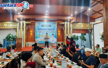 Kapolres Binjai Mirzal Maulana memberikan sambutan saat kegiatan buka puasa bersama dan silaturahmi dengan insan pers Kota Binjai di Pondok Lesehan 88 Kecamatan Binjai Utara Kamis 1232026 Kegiatan ini menjadi momentum memperkuat sinergi antara kepolisian dan media dalam menjaga situasi kamtibmas yang kondusif Foto Dara M NusantaraTopco - NusantaraTopco